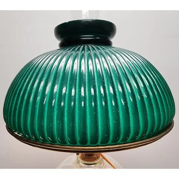Vintage Electric Oil Lamp w/ Green Ribbed Glass Shade & Brass Burner –20.5" Tall - Picture 9 of 15